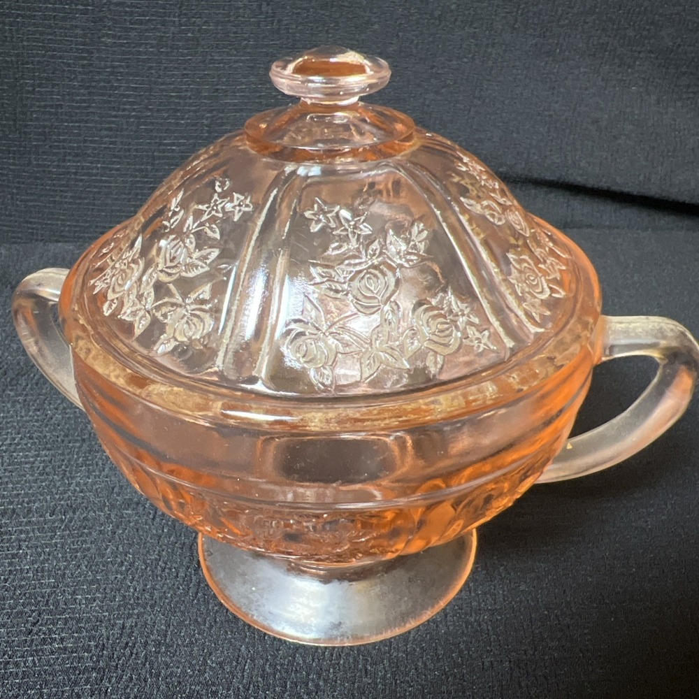 Federal Glass Sharon Cabbage Rose Sugar Bowl Lidded Pink Depression Glass